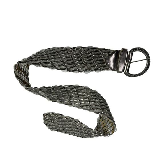 Vintage Metallic Woven Statement Belt Silver Glam Wide M/L main image 6